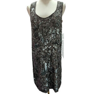 Gold Hawk‎ Mini Silver Silk Fully Beaded Sheath Tank Dress Cocktail Gatsby MED